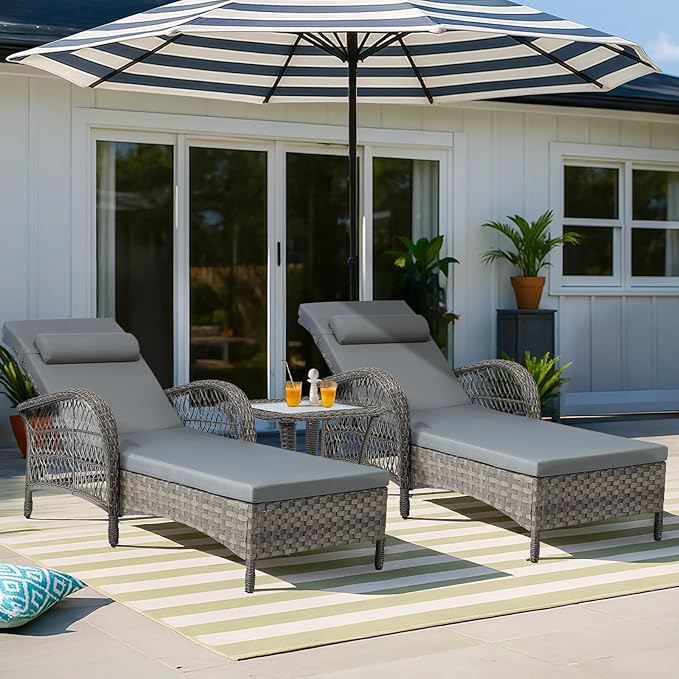 VIVIJASON 3 Pieces Outdoor Wicker Chaise Lounge Chair Set, All-Weather PE Rattan Cushioned Patio Lounger Set of 2 with Side Table, Adjustable Pool Sunbathing Recliner with Armrest & Pillow, Gray