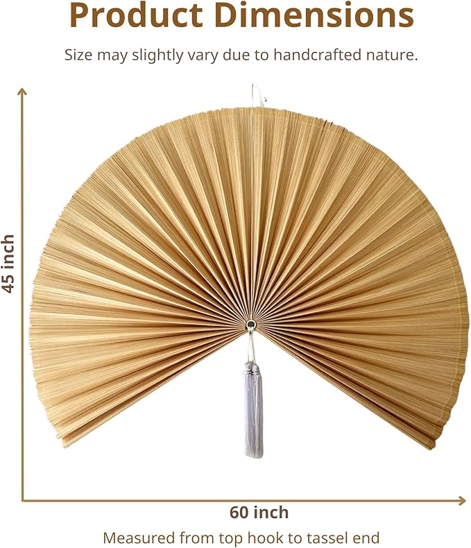 Fan Wall Decor, Japanese Giant Fan, Large Bamboo Fan Wall Art For Boho Hanging Headboard, Decorative Folding Fans For Over Bed, Asia Trending (Ivory 60 inch)
