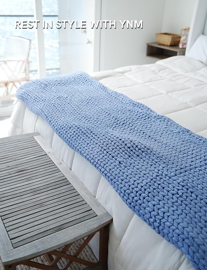 YnM Chunky Throw Blanket, Medium-Weight, Hand Knitted, Skin Friendly, Ventilated and Breathable, Machine Washable, Home Décor Piece for Couch, Sofa and Bed (Cerulean Blue, 40x50 Inch)