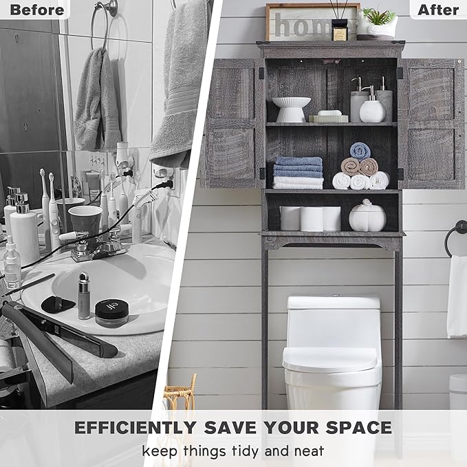 Over The Toilet Storage Cabinet, Farmhouse Bathroom Cabinet with Adjustable Shelf & Barn Door, 67" Tall Over The Toilet Shelf, Grey Wash