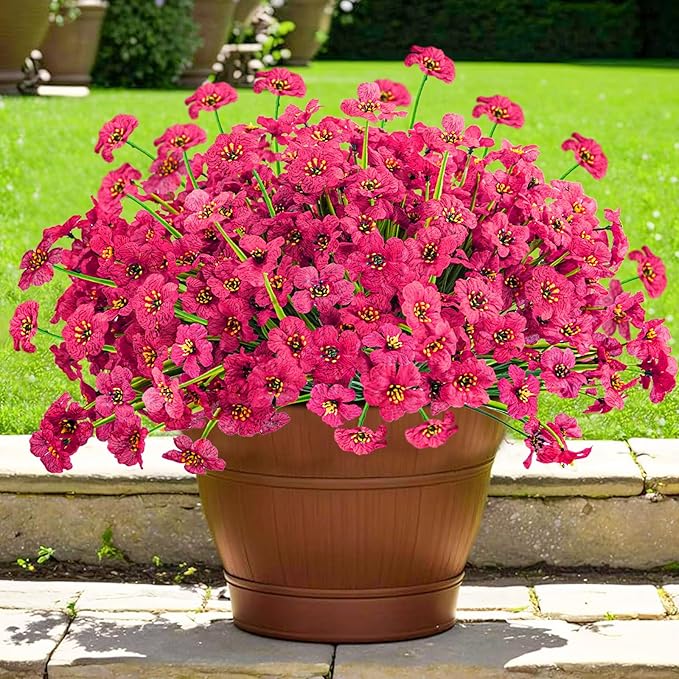 Krissing 48 Bundles Outdoor Artificial Flowers UV Resistant Fake Silk Flowers Faux Plastic Plants Outside Garden Porch Window Box Summer Decoration (Rose Red)