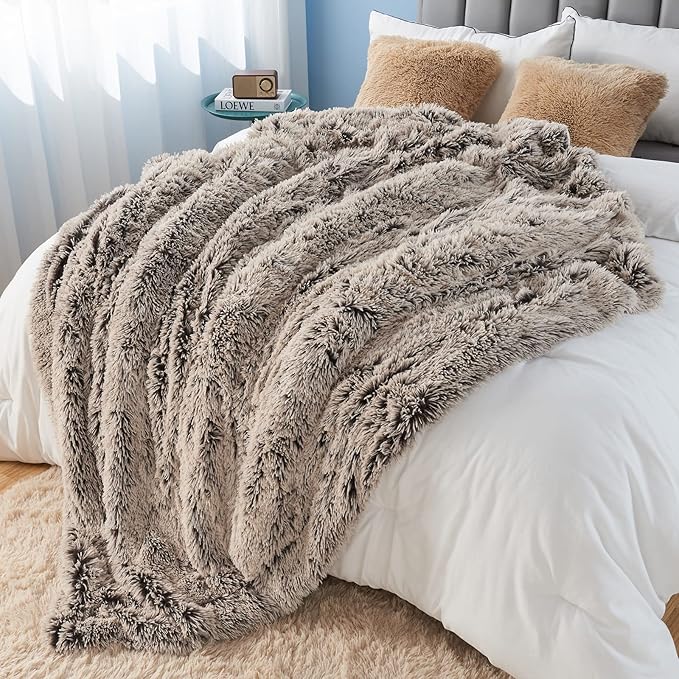 GONAAP Fuzzy Faux Fur Throw Blanket Frosty Brown Super Soft Cozy Plush Fuzzy Shaggy Blanket for Couch Sofa Bed (Frosty Brown, Throw(50"x60"))