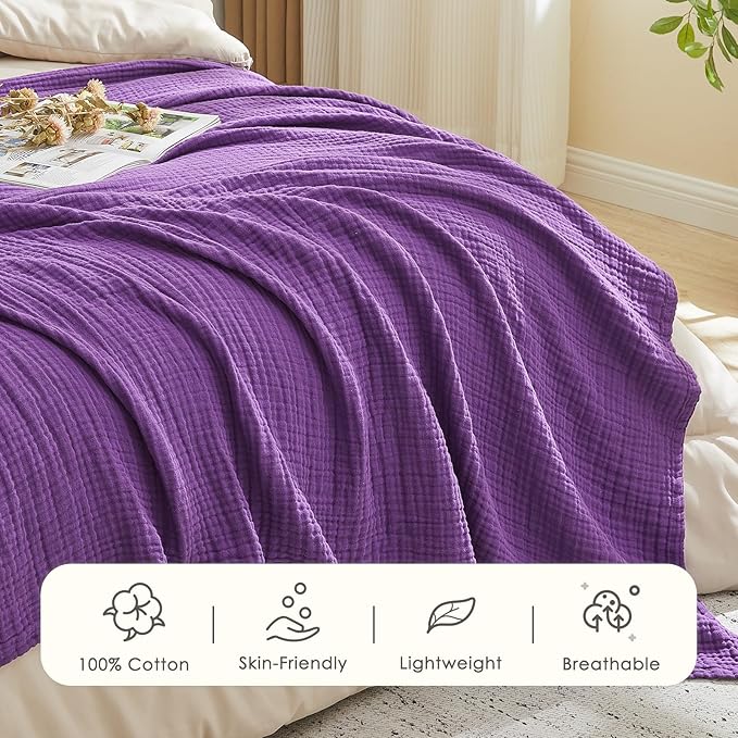 EMME Cotton Muslin Queen Blanket Bed Layering Breathable Gauze Blanket Soft Lightweight Blankets Adults (Purple, 90"x90")