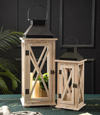 TIMRIS Large Wooden Candle Lanterns Decorative Set of 2, Rustic Farmhouse Whitewash Floor Lanterns, Indoor/Outdoor Hanging Lanterns for Home Decor (No Glass)