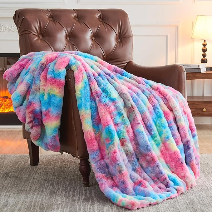 NEWCOSPLAY Faux Fur Twin Blanket Dark Rainbow Luxury Fluffy Thick Warm Bubble Blanket for Couch Sofa Bed 700GSM (Dark Rainbow, Twin(60"x80"))