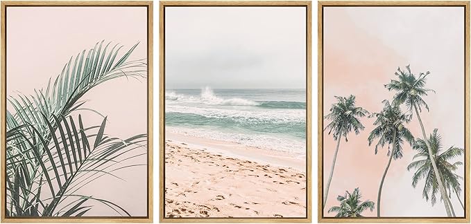 SIGNWIN Framed Canvas Print Wall Art Set Tropical Palm Leaf Beach Ocean Shore Landscape Nature Wilderness Modern Art Realism Decorative for Living Room, Bedroom, Office - 24"x36"x3 Natural