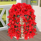 Artificial Bougainvillea Flowers for Outdoor Plant,4 pcs Faux Hanging Flowers Bougainvillea for Outside Decoration,Fake Silk UV Resistant Vines for Front Door Porch(Red)