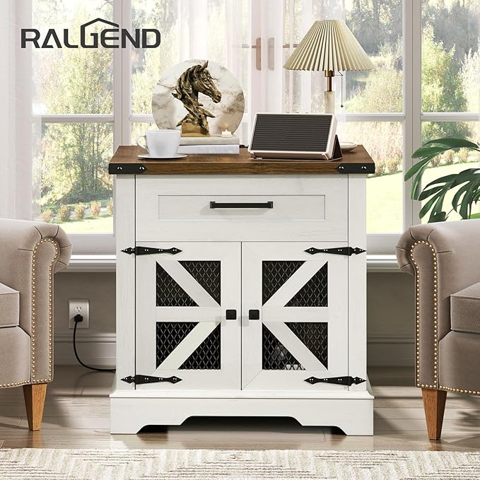 White Farmhouse End Table with Charging Station, 24" Large Sofa Side Table with Drawer, Large End Table for Living Room, Wooden Nightstand with Outlet, Square, White and Walnut