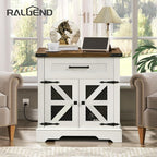 White Farmhouse End Table with Charging Station, 24" Large Sofa Side Table with Drawer, Large End Table for Living Room, Wooden Nightstand with Outlet, Square, White and Walnut