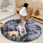 Tie-Dyed Black Fluffy Round Rug,Soft Area Rugs for Girls Room,Shaggy Rugs 5'X5' for Living Room,Non Slip Circle Rug for Kids Bedroom,Shag Plush Nursery Rug,Plush Carpet for Dorm,Cute Furry Room Decor