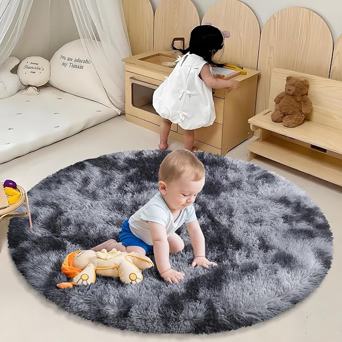 Tie-Dyed Black Fluffy Round Rug,Soft Area Rugs for Girls Room,Shaggy Rugs 3'X3' for Living Room,Non Slip Circle Rug for Kids Bedroom,Shag Plush Nursery Rug,Plush Carpet for Dorm,Cute Furry Room Decor