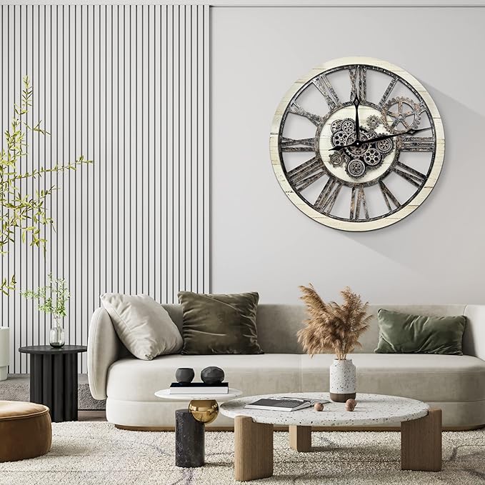 HOIBAI Large Wall Clock, Wall Clocks for Living Room Decor 30 Inch Farmhouse Vintage Rustic Kitchen Wall Decor Vintage Roman Oversized Wall Clock for Home Bedroom House, Moving Gears Clock