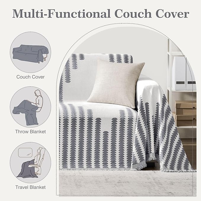 Couch Cover Boho for Dogs Washable Grey Couch Covers for 2 Cushion Couch, Chenille Sectional Couch Covers L Shape Sofa Cover, Furniture Protector for Kids, Pets, Grey 71" X150"
