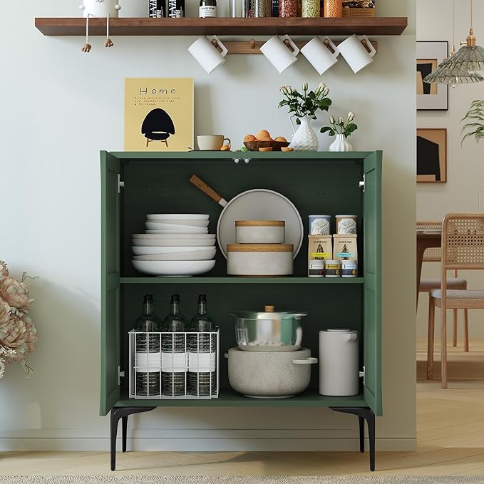 3More 2 Door Accent Cabinet Set of 2,Sideboard Buffet Storage Cabinet with Iron Legs and Adjustable Shelf,3D Lattice Design Suitable for Living Room, Entrance, Dining Room,Green