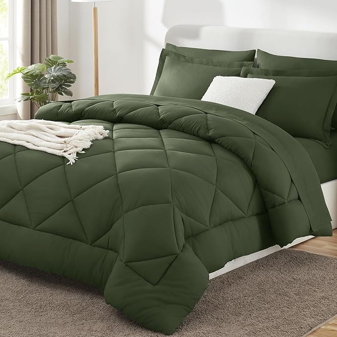 CozyLux Full Size Comforter Sets Olive Green - 7 Pieces Bed in a Bag Full, Luxury Soft Bed Set for All Seasons, Bedding Set with Down Alternative Comforter, Sheets, Pillowcases & Shams