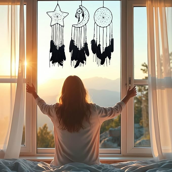 3PCS/LOT Star Moon Sun Shape Dream Catcher Home Decoration, and Baby Kids Room Accessory - Dream Catcher with Feather Decoration - Unique Home Craft Wall Pendant (Black)