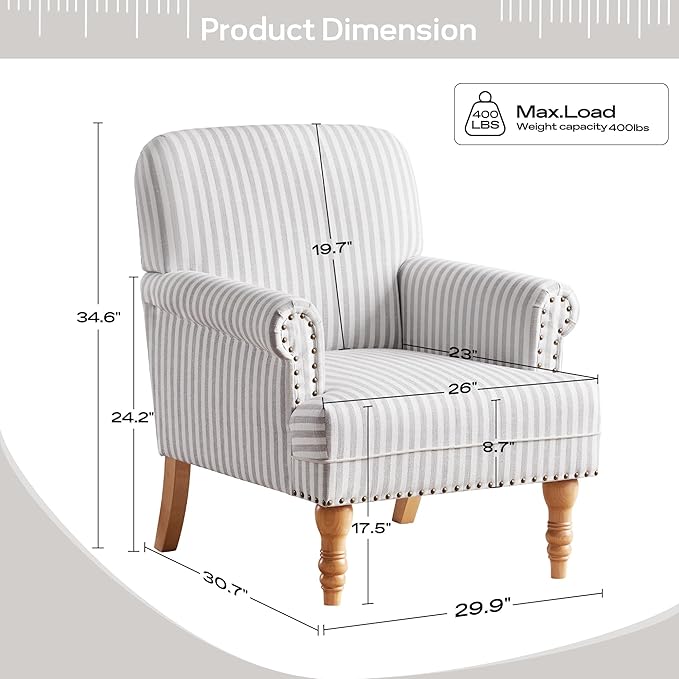 HUIMO Linen Fabric Accent Chairs Set of 2, Mid-Century Modern Armchair with Solid Wood Legs, Single Sofa Chair,Upholstered Reading Club Chair (2, Light Grey and White Stripe)