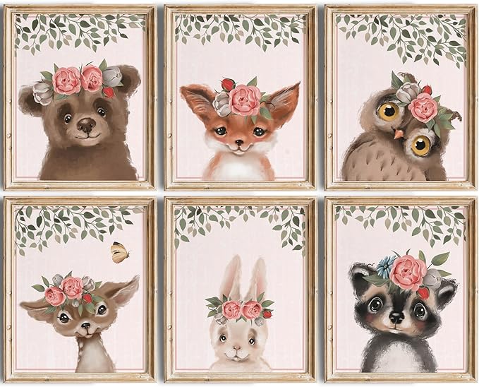 DREAM BIG PRINTABLES Woodland Animals Nursery Wall Art Prints (Set of 6) - Unframed - 11x14s | Set Includes Bear, Fox, Owl, Deer, Bunny Rabbit, and Raccoon wearing Floral Crowns
