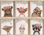 DREAM BIG PRINTABLES Woodland Animals Nursery Wall Art Prints (Set of 6) - Unframed - 11x14s | Set Includes Bear, Fox, Owl, Deer, Bunny Rabbit, and Raccoon wearing Floral Crowns