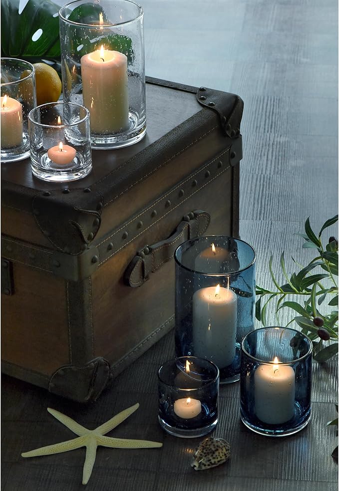 ARIAMOTION Blue Candle Holder for Pillar Set 3 Modern Glass Bubbles Hurricane Cylinder Vases Table centerpieces Home Decor Tabletop Kitchen Island Dining Room Coffee Bar 8" 5" 3.5" Height