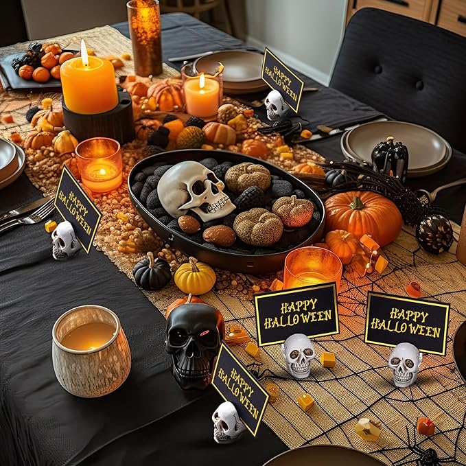 24 Set Halloween Skull Place Card Holders with 48 Pcs Place Cards Resin Small Skull Head Table Number Holders Clips Photo Stand Centerpieces for Halloween Party Wedding Birthday Decorations