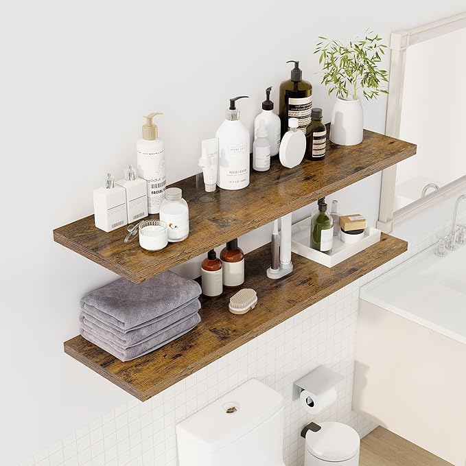 Dreamland 48" Floating Shelves for Wall, 12" Deep Slim Rustic Brown Floating Shelves, Wall-Mounted Shelves for Bedroom, Living Room, Kitchen, Bathroom - Set of 2