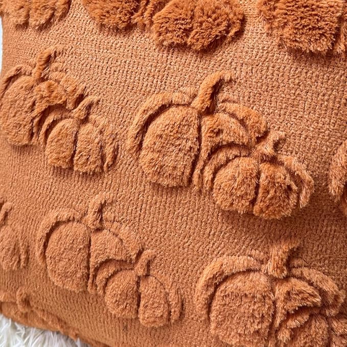 Booque Valley Fall Decorative Pillow Covers Set of 2 Soft Fluffy Faux Fur Wool Rust Pumpkin Throw Pillowcases for Autumn Halloween Farmhouse Home Decor, 20 x 20 inch, Terracotta