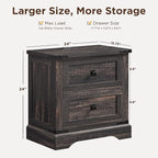 T4TREAM 24" Farmhouse Nightstand with Charging Station Set of 2, Large End Table with 2 Storage Drawers, Rustic Wood Sofa Bedside Table for Bedroom, Dark Rustic Oak