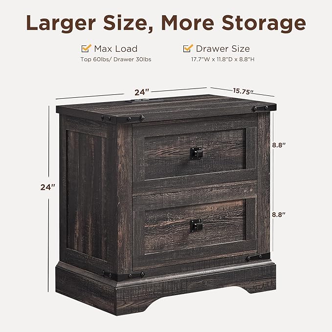 T4TREAM 24" Farmhouse Nightstand with Charging Station, Large End Table with 2 Storage Drawers, Rustic Wood Sofa Bedside Table for Bedroom, Dark Rustic Oak