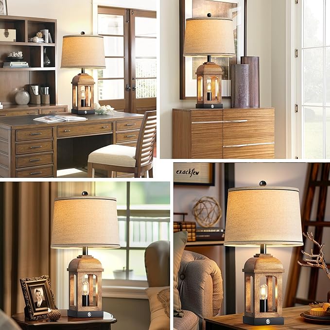 QiMH Table Lamp for Living Room, Farmhouse Lamps Set of 2 with USB A+C and Nightlight, 26" Rustic Bedside Lamps with 3-Way Dimmable Touch Control, Nightstand Lamp for Bedroom Decor, Wood Grain