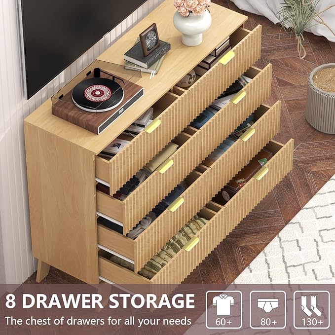 Fluted Dresser for Bedroom,8 Drawer Dresser for Closet Organizer and Storage Cabinet,Chest of Drawers with Gold Handle,TV Stand,Storage Organizer for Living Room,Hallway,Entryway,Nature Oak