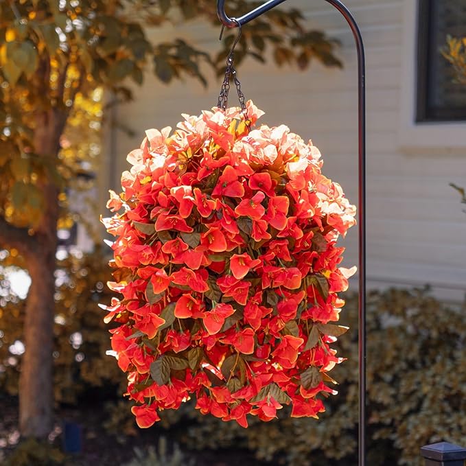 Bougainvillea Artificial Fall Flowers Fake Plants for Outdoors Autumn Decoration, 3PCS Faux Silk Hanging Trailing Vines with Baskets UV Resistant Realistic for Front Door Patio Balcony, Fall Orange