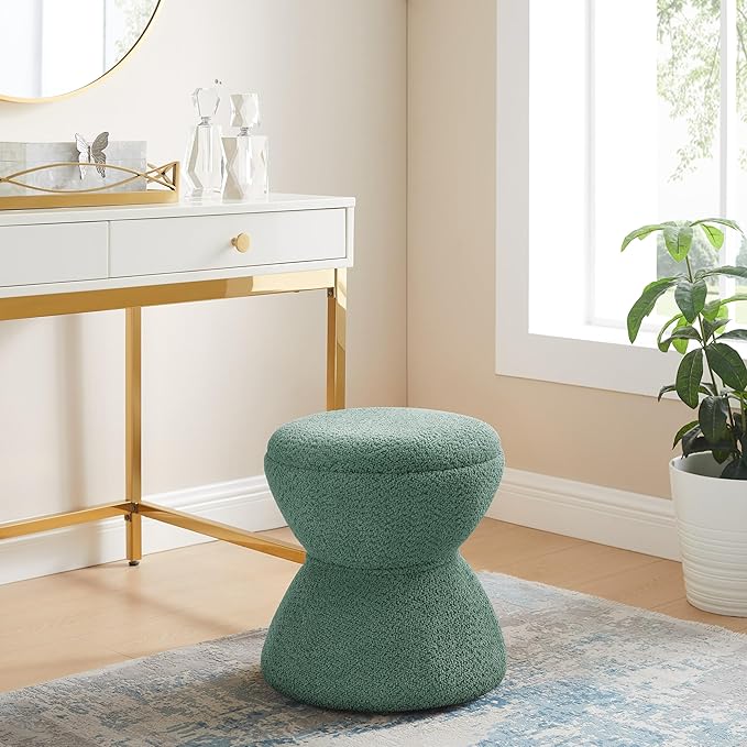 VANOMi Multi-Functional Boucle Ottoman, Vanity Stool Chair, Sturdy Wooden Footstool, Suitable for Living Room, Bedroom, and Entryway, Without Installation, Green