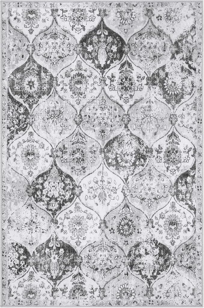 Lahome Moroccan Trellis Washable Rug, 2x3 Kitchen Rugs for Entryway Bathroom, Non-Slip Indoor Door Mat Ultra-Thin, Small Oriental Throw Carpet for Bedroom Entry, Silver/Grey