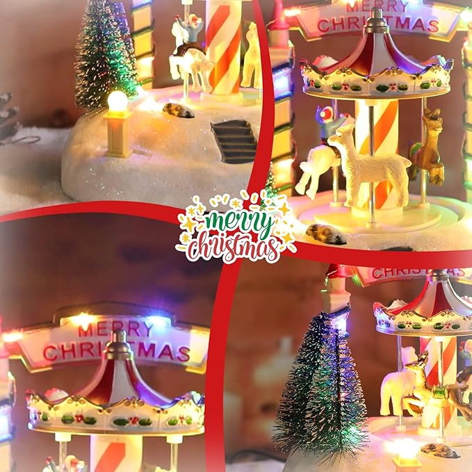 Bdor Christmas Carousel Tabletop Decoration – Lighted Musical Merry-Go-Round with Reindeer and Trees – Battery Operated Christmas Scene – 7.5"x5.5"x6" Holiday Centerpiece with LED Lights and Music