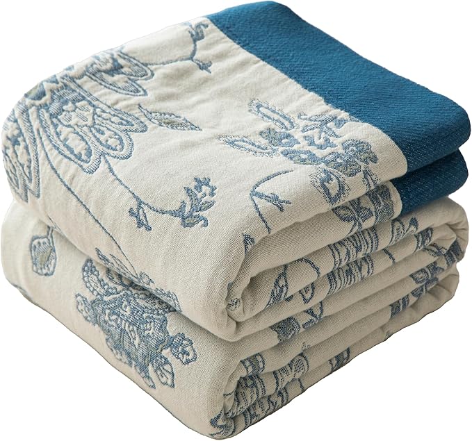 Boho Throw Blanket Full Size, Extra Large Soft Cozy Cotton Muslin Quilt Blanket for Bed Decor, Floral Patterned Couch Sofa Chair Cover, Vintage Farmhouse Cottage Woven Blanket, Blue&White