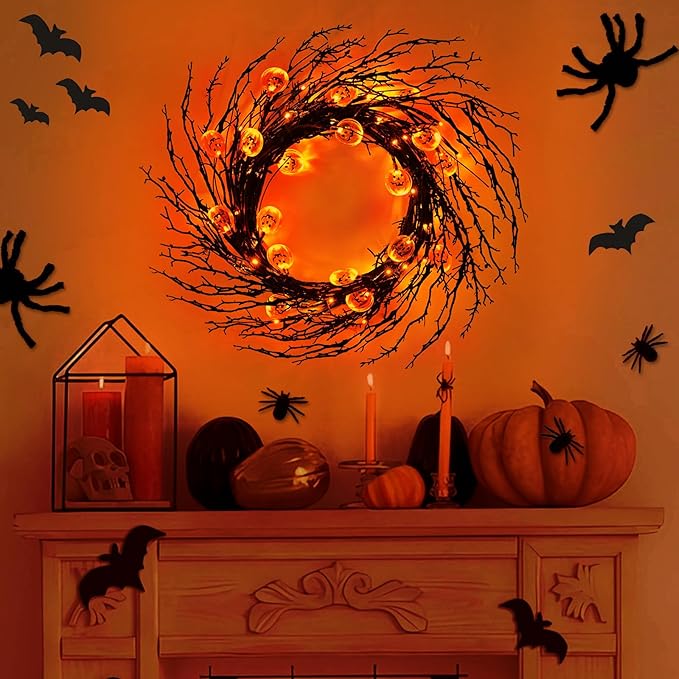 7 Ft 63 LED Halloween Decorations Willow Vine Twig Garland with 8 Modes Timer 21 Pumpkin Orange Lights, Halloween Garland with Waterproof Battery Operated for Indoor Wall Fireplace Decorations