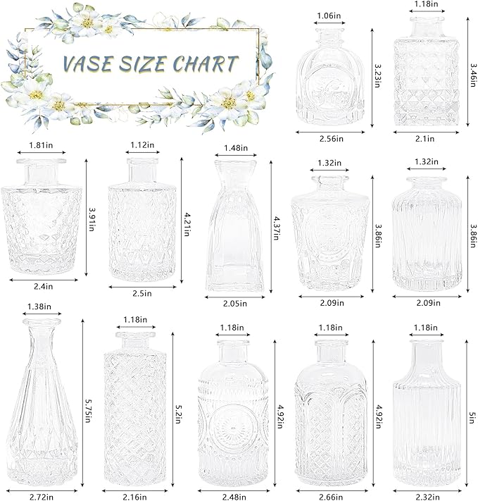12pcs Glass Bud Vase Set, Small Clear Flower Vases for Centerpieces in Bulk, Mini Vintage Vase for Wedding, Home,Table Decoration