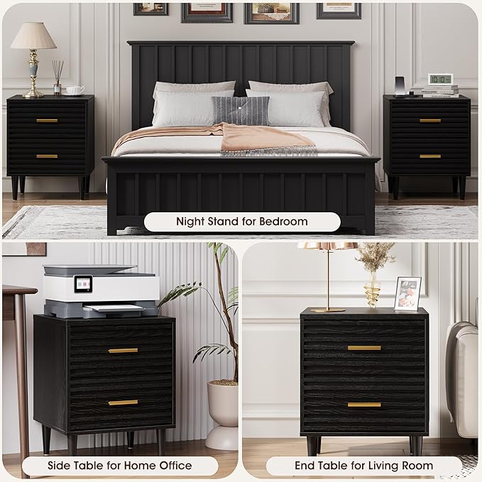 Alohappy Fluted Nightstands Set of 2, Mid Century Bedside Table for Bedroom, End Table with 2 Drawers, Modern Bed Side Table with Storage Vintage Wood Accent Table for Living Room, Black 2pcs