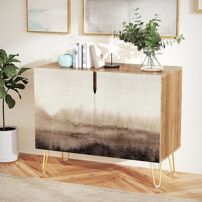 SIGNWIN Sideboard Buffet Cabinet, Kitchen Storage Cabinet with 2 Doors, Brown Pastel Watercolor Landscape, Cupboard Console Table for Dining Room - 35" L x 18" W x 29" H