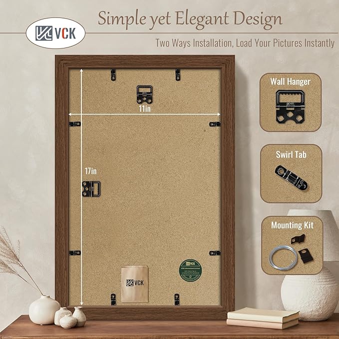 VCK 11x17 Picture Frame 3 Pack, Brown Wood Poster Frame with Exclusive Wood Grain, Wall Mounting Hanging