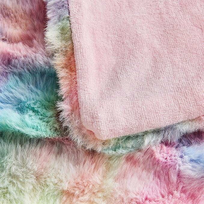 Lotus Karen King Size Faux Fur Blanket Rainbow - Big Bubble Rabbit Fluff Blanket for Bed, Large Fluffy Fuzzy Cozy Blanket, Thick Furry Plush Shaggy Blankets, 108x90 Inches