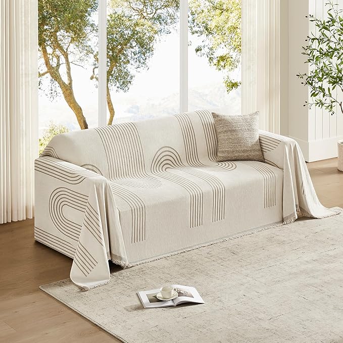 Boho Couch Cover Washable Sectional Couch Covers for Dogs Reversible Sofa Slipcover for 2 or 3 Cushion Couch Pet Friendly Furniture Protector (3# Khaki, 91" x 134")