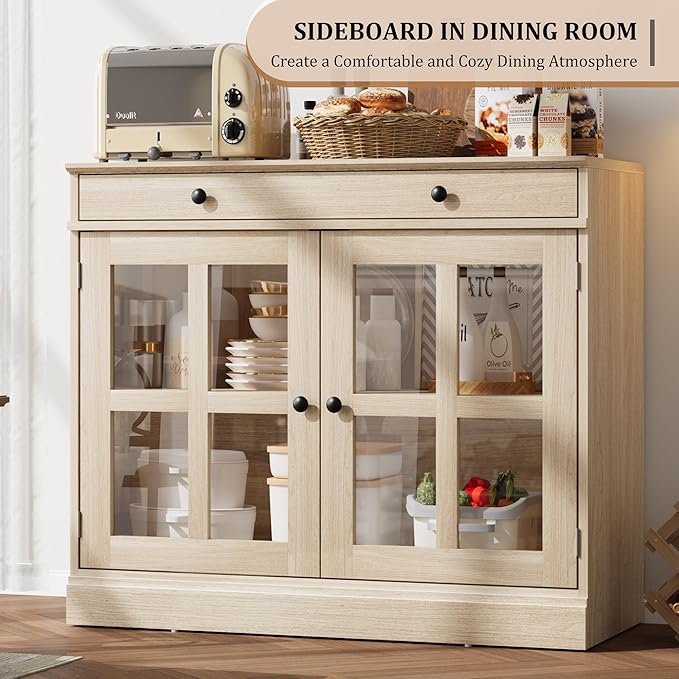 GarveeHome 35.4 in Sideboard Buffet Cabinets with Glass Door, Buffet Cabinet with Storage, Oak Sideboard Cabinet with Drawer, Modern Buffets & Sideboards for Dining Room, Kitchen