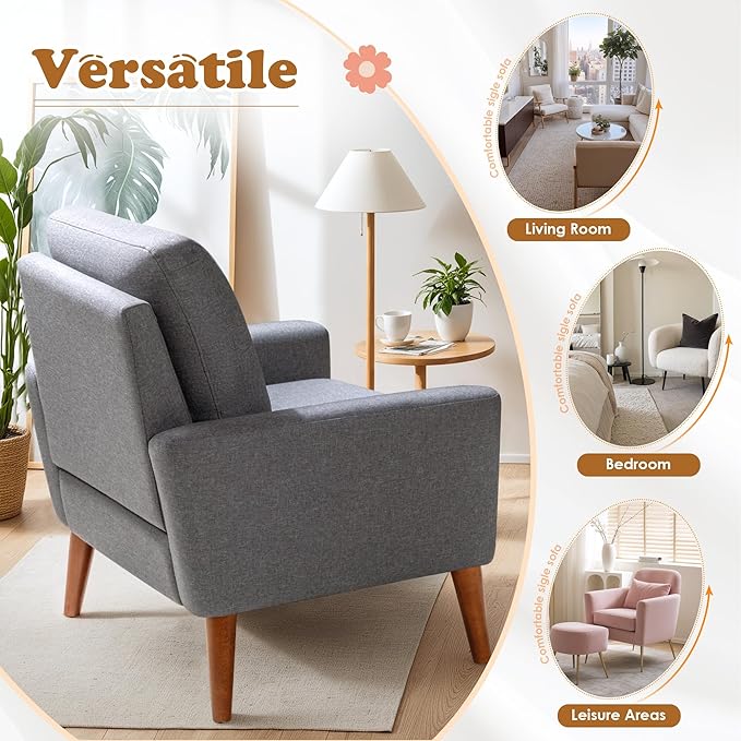 JUMMICO Mid Century Accent Chair, Fabric Modern Reading Living Room Chair, Fluffy Comfy Armchair Small Sofa Chair with Wood Legs for Bedroom Office Cafe, Set of 2 (Grey)