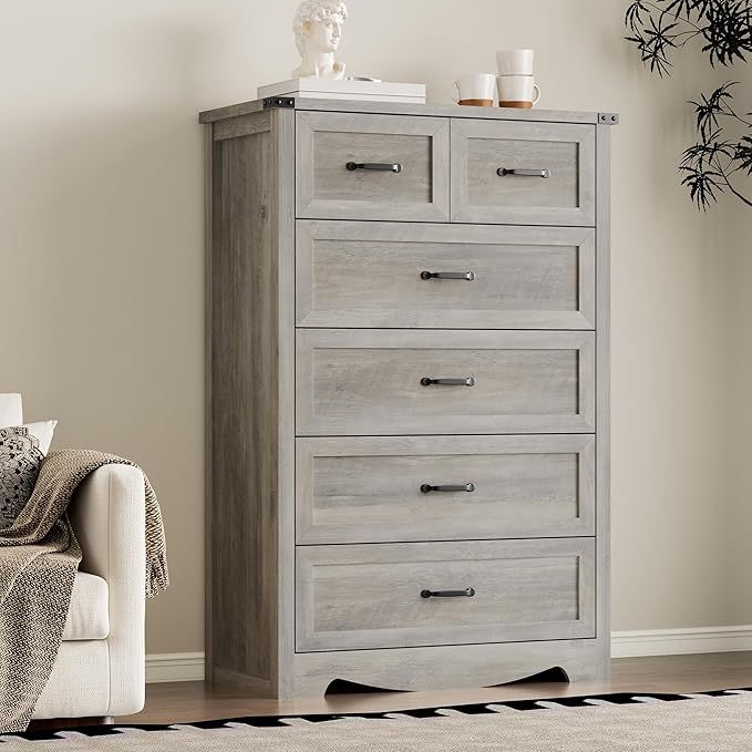 Tall 6-Drawer Dresser for Bedroom, Modern Wooden Chest of Drawers with Metal Handles, Anti-Tipping Design, Sturdy and Stable Storage Organizer for Living Room, Entryway, Home Office