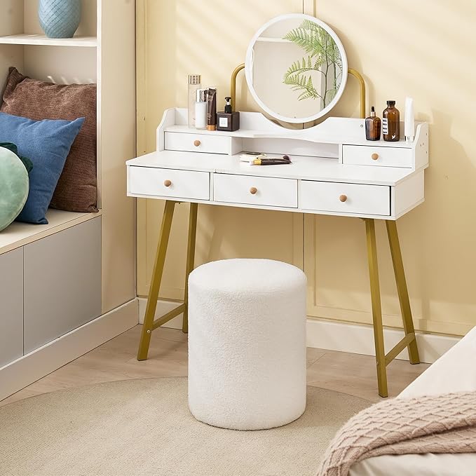 Modern Round Ottoman, Classic Foot Stool Ottoman, Teddy Fleece Upholstered Vanity Stool for Makeup, Bedroom, Living Room, White