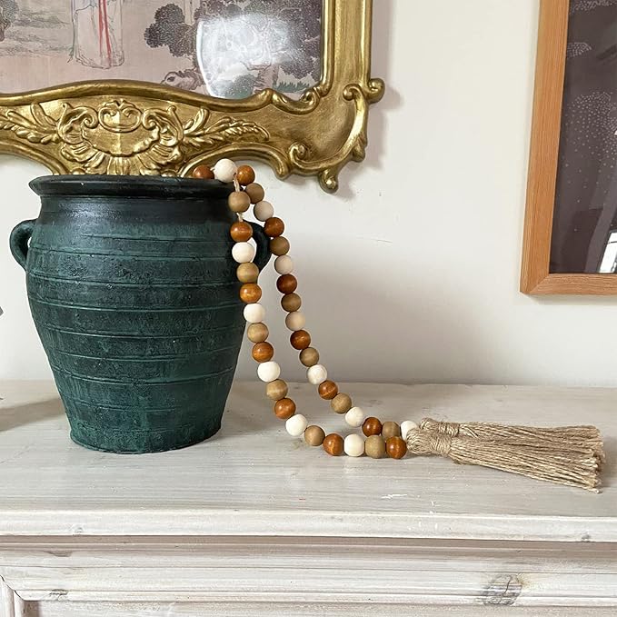 OMISHE 59in Wood Bead Garland with Tassels, Wooden Beads Garland, Decorative Beads Garland Decor, Farmhouse Beads Garland for Wall Hanging Home Festival Decor, Brown and Beige