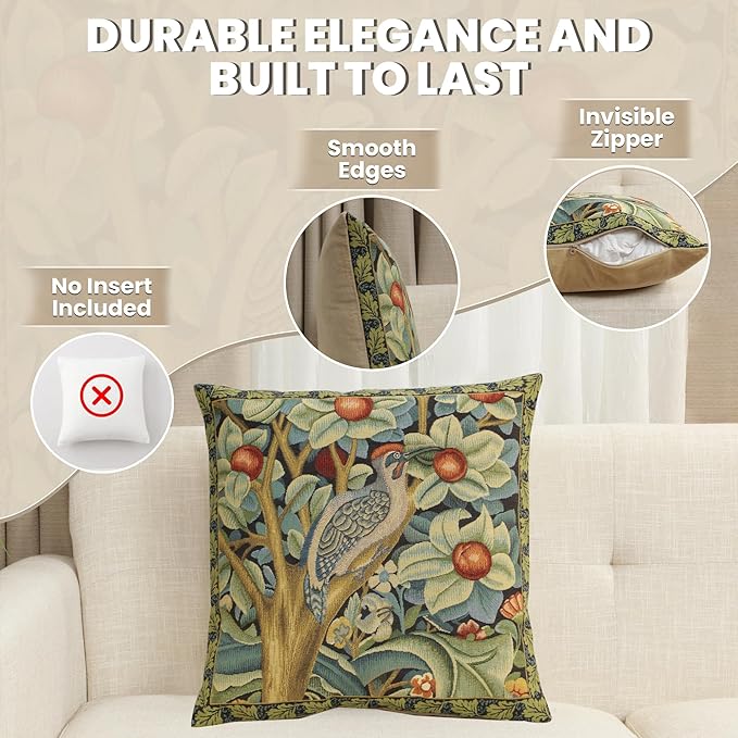 Charlotte Home Furnishings Throw Pillow Covers, Decorative Boho Pillow Covers for Couch, Living Room, Black Woodpecker Square Cushion Cases 18x18 in, European Cotton Jacquard Woven, Cozy Bedroom Decor