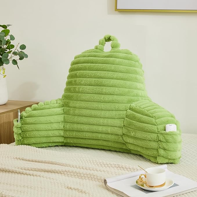 Faux Fur Fluffy Light Green Reading Pillow with Pockets, Luxury Striped Plush Decorative, Arm Rests and Back Surport for Bed Rest, Lounging on Sofa, Standard